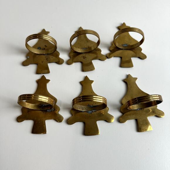 Set of 6 Brass Christmas Tree Napkin Rings Holder Table Decor - Picture 3 of 6